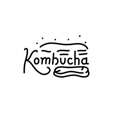 Kombucha homemade tea lettering color line icon. Japanese fermented product.