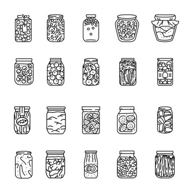 Pickled vegetables, fruits, berries, meat, fish in a jars color line icons set