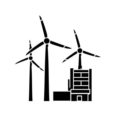 Wind turbines factory  color line icon.  Renewable energy sources. 