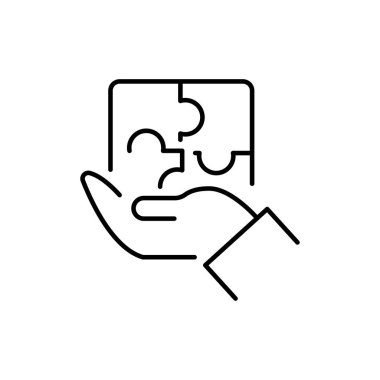 Puzzles in hands color line icon. Problem-solving. 