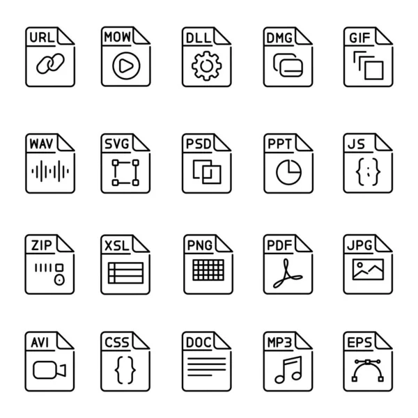 Types Fichiers Icônes Ligne Couleur Définies Format Extension Des Documents — Image vectorielle
