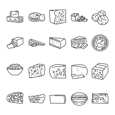 Types of cheeses black line icons set. Dairy products. 