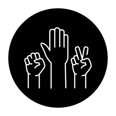 Raised hands color line icon. Corporate work. 