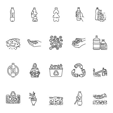 Plastic bottle recycling black line icons set.