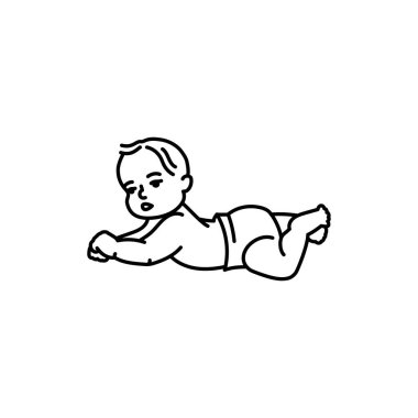 The child lies on his stomach black line icon. Toddler development.