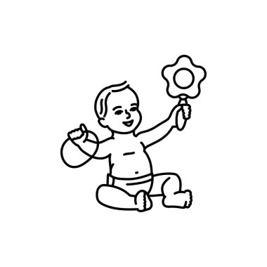 The child is sitting and playing with toys black line icon.  Toddler development.