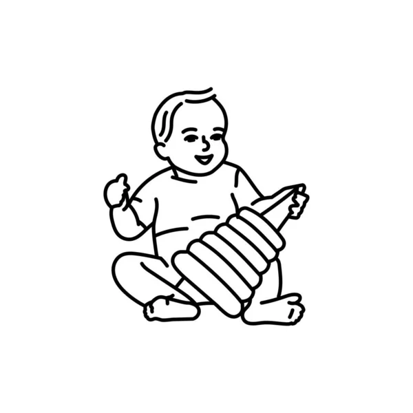 Çocuk Oturup Oyuncak Siyah Çizgi Ikonuyla Oynuyor Yürüyen Çocuk Geliştirme — Stok Vektör