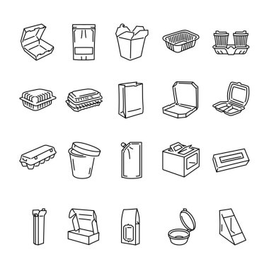 Paketleme paket yiyecek siyah çizgi simgeleri ayarlandı. 