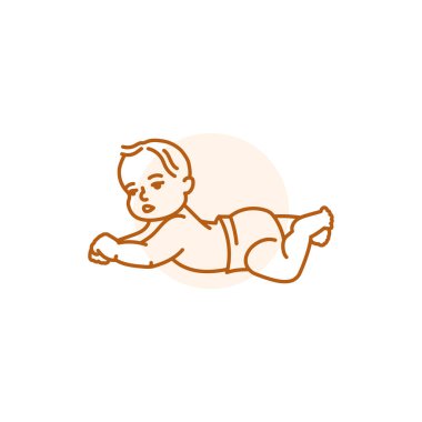 The child lies on his stomach black line icon. Toddler development.