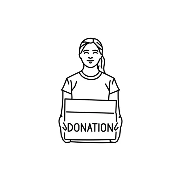 Mujer Sonriente Voluntaria Con Caja Donación Icono Línea Negra — Vector de stock
