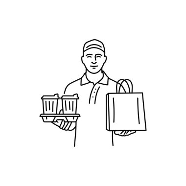 İçkili kurye ve yiyecek siyah çizgi ikonu. Web sayfası için resim grafiği