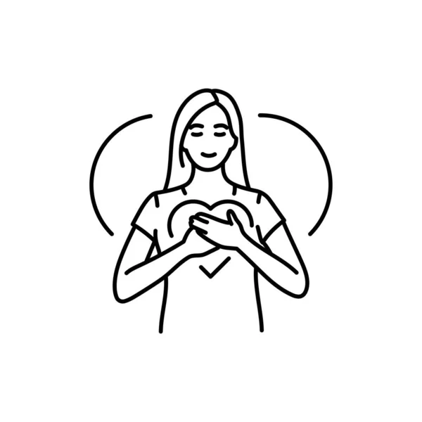 Loving Kindness Meditation Black Line Icon Happy Woman Feeling Blessed — Stock Vector