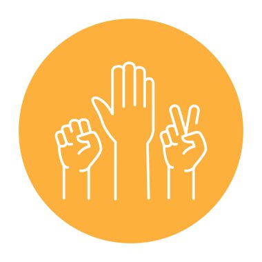 Raised hands color line icon. Corporate work. 