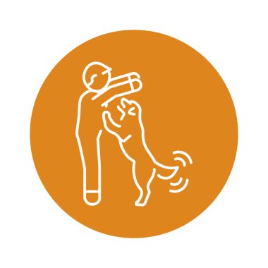 Joyful pet jumps on the owner color line icon. Dog training. 