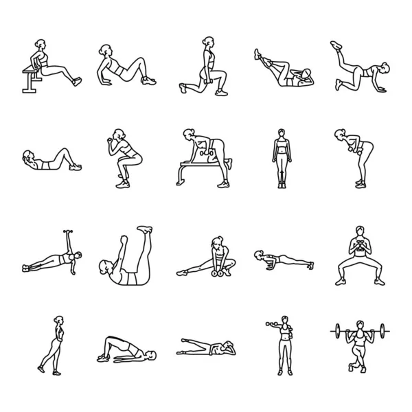Donna Fitness Linea Nera Set Icone Pittogrammi Pagina Web — Vettoriale Stock