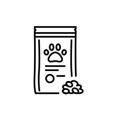 Evcil hayvan yiyecek ambalajlama siyah çizgi simgeleri ayarlandı. 