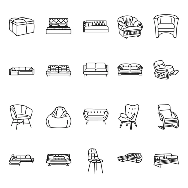 Měkký Nábytek Pohovka Židle Křeslo Černé Čáry Ikony Set Piktogramy — Stockový vektor