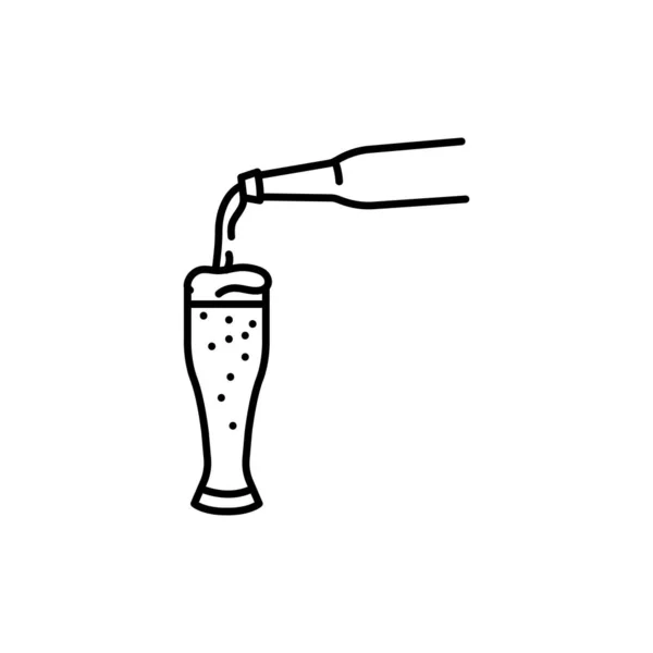 啤酒从深色瓶子中倒入黑线图标 — 图库矢量图片