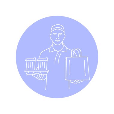 İçkili kurye ve yiyecek siyah çizgi ikonu. Web sayfası için resim grafiği