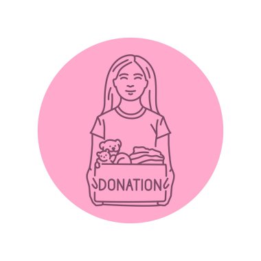 Siyah çizgi ikonunda oyuncakları olan gülümseyen kız..  