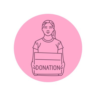 Gülümseyen kadın gönüllü bağış kutusu siyah çizgi ikonu.  