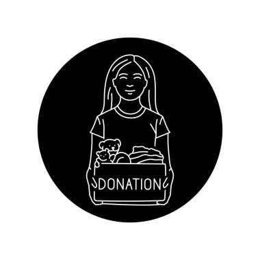 Siyah çizgi ikonunda oyuncakları olan gülümseyen kız..  