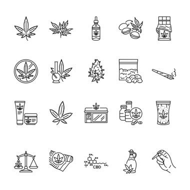 Marihuana ürünleri siyah çizgi simgeleri ayarlandı. CBD, THC narkotik madde.