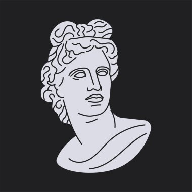 Apollo siyahi heykeli konsepti. Eski Yunan tanrısı siyah arka planda izole edilmiş. Web sayfası, mobil uygulama, tanıtım için dijital illüstrasyon.