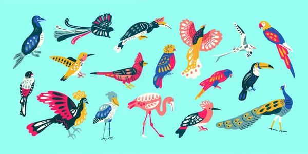 Ζωγραφισμένα Στο Χέρι Στοιχεία Χρώματος Πουλιών Αφηρημένα Εξωτικά Ζώα — Διανυσματικό Αρχείο