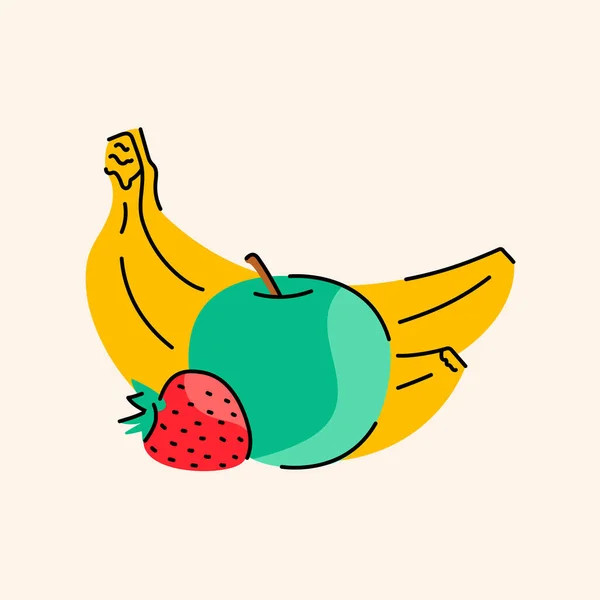 Hand Drawn Fruit Set Banana Apple Strawberry Color Element — Stock Vector