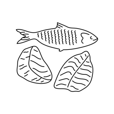 El yapımı balık: ton balığı, fileto, ringa balığı rengi. İşlenmemiş yemek çizgi filmi. 