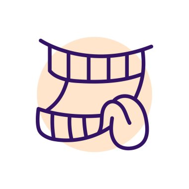 Çizgi film dişleri, dil çizgisi ikonlarıyla gülümsüyor. Karakter eli. 