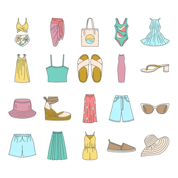 Women Summer Clothes Line Color Icons Set Signs Web Page Vector Graphics