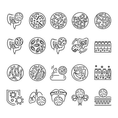 Mikrobiyom çizgisi siyah simgeler. İnsan mikroflorası. Web sayfası, mobil uygulama, düğme, logo için imza. İzole edilmiş vektör düğmesi. 