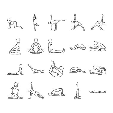 Yoga çizgisi simgeleri ayarlandı. Yoga yapan bir adam.