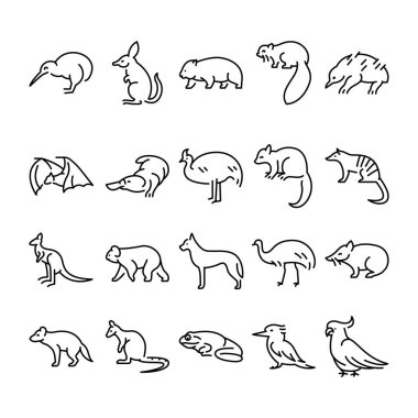 Avustralyalı hayvanlar siyah çizgi çizimleri. 