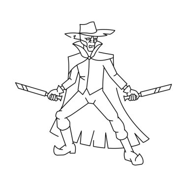 Hazır renk çizgisi çiziminde pelerinli ve şapkalı bir canavar. Hayali karakter.