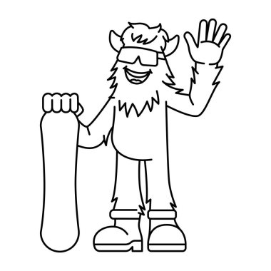 Yeti character with a snowboard color line illustartion.  clipart