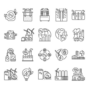 Yeşil hidrojen teknolojileri siyah simgeler dizildi. Web sayfası, mobil uygulama için imzala,