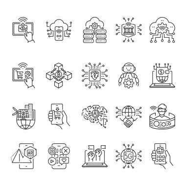 Toplumun dijitalleştirilmesi siyah çizgi simgesi.