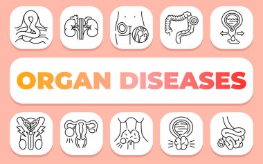 Organ hastalıkları metin kavramı. Shablon sunum ve bilgi grafikleri için. Uygulamalar ve Web siteleri için Asgari Temiz Simgeler.