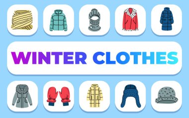 Kışlık kıyafet metni. Shablon sunum ve bilgi grafikleri için. Uygulamalar ve Web siteleri için Asgari Temiz Simgeler.