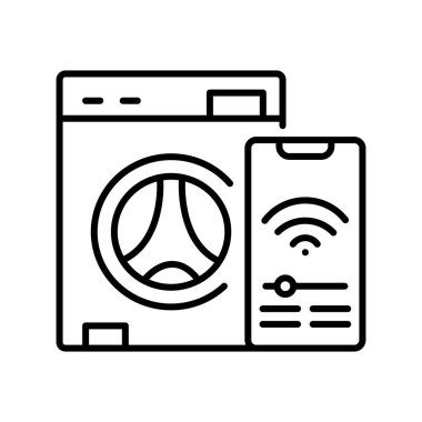 Dijital ve yazdırma projeleri için akıllı çamaşır makinesi siyah çizgi simgesi. Uygulamalar ve web siteleri için en az temiz simgeler. UI UX ve markalaşma için modern basit simgeler