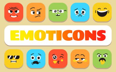 Emokon metin konsepti. Shablon sunum ve bilgi grafikleri için. Uygulamalar ve Web siteleri için Asgari Temiz Simgeler.