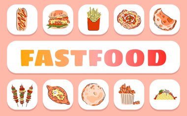 Fast food metin konsepti. Shablon sunum ve bilgi grafikleri için. Uygulamalar ve Web siteleri için Asgari Temiz Simgeler.