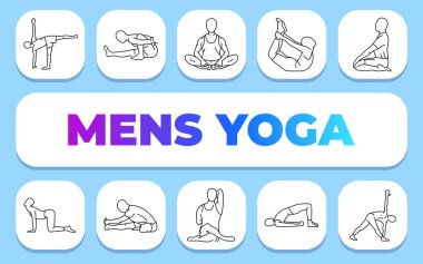 Erkekler yoga metni konsepti. Shablon sunum ve bilgi grafikleri için. Uygulamalar ve Web siteleri için Asgari Temiz Simgeler.