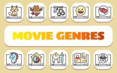 Sinema türleri metin konsepti. Shablon sunum ve bilgi grafikleri için. Uygulamalar ve Web siteleri için Asgari Temiz Simgeler.