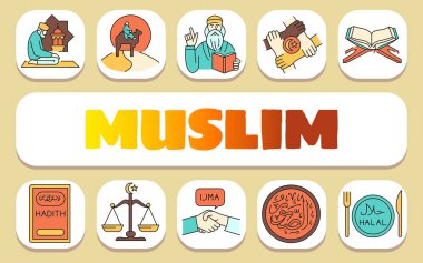 Müslüman metni konsepti. Shablon sunum ve bilgi grafikleri için. Uygulamalar ve Web siteleri için Asgari Temiz Simgeler.