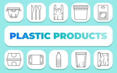 Plastik ürünler metin konsepti. Shablon sunum ve bilgi grafikleri için. Uygulamalar ve Web siteleri için Asgari Temiz Simgeler.