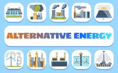 Alternatif enerji metni. Shablon sunum ve bilgi grafikleri için. Uygulamalar ve Web siteleri için Asgari Temiz Simgeler.